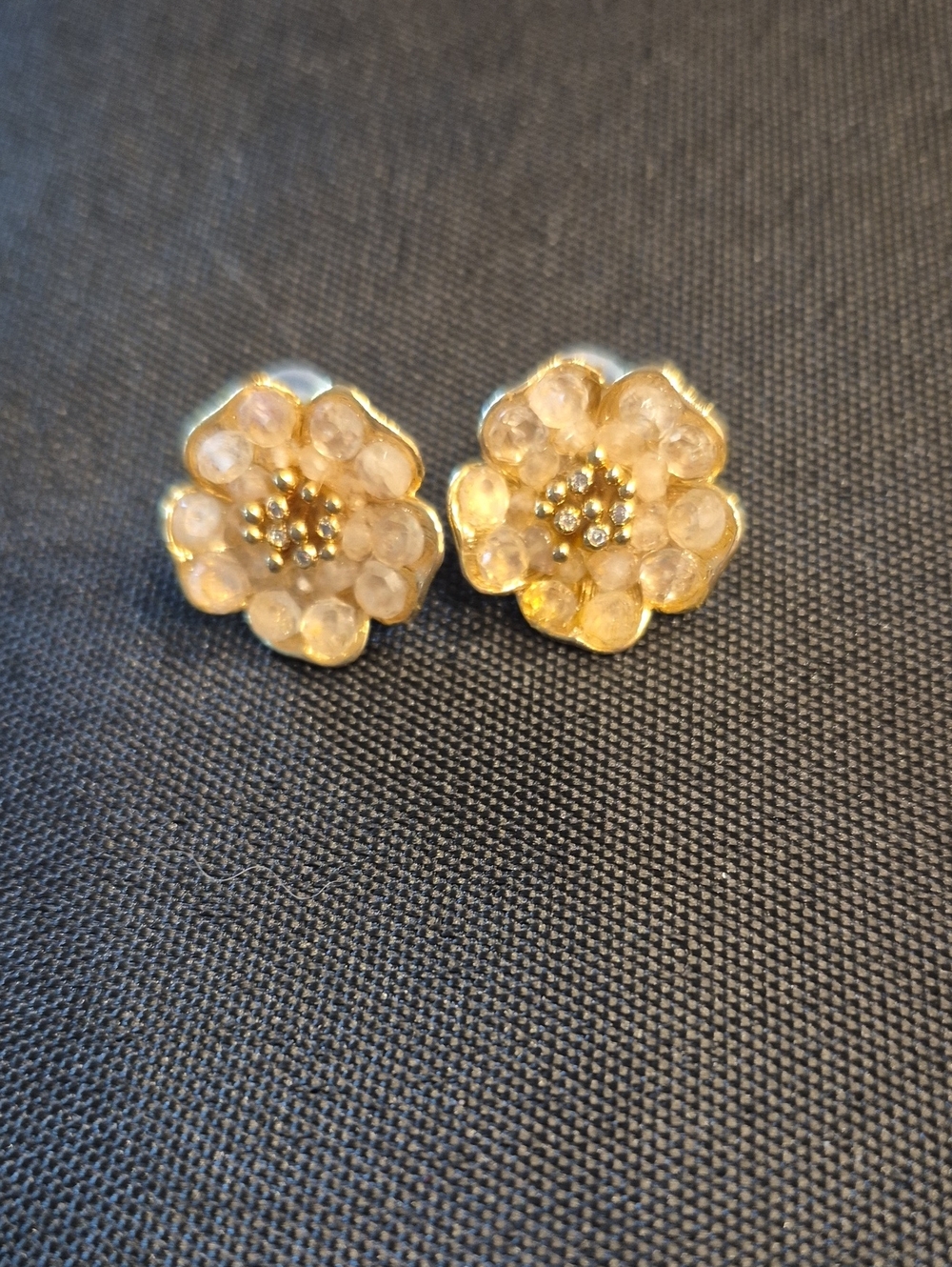 Anthropologie Gold Flower Stud Crystal Earrings Champagne Petal Design